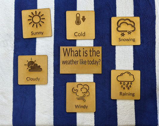 Set of 7 wooden learning/display discs, educational, tuff tray, forest school, early years - teaching tool - eyfs - Ofsted - weather