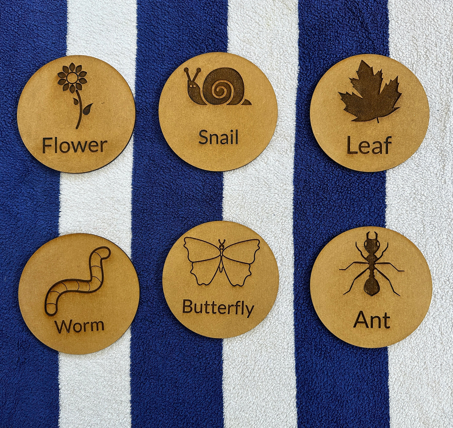 Set of 6 wooden learning discs, educational, tuff tray, forest school, early years - teaching tool - eyes - Ofsted