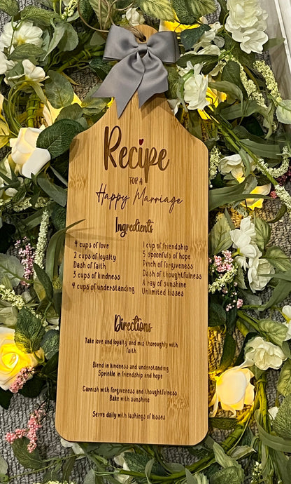 Wedding Gift - Recipe for Happy Marriage - bride & groom - celebration - cutting board - cheese board - carciature board